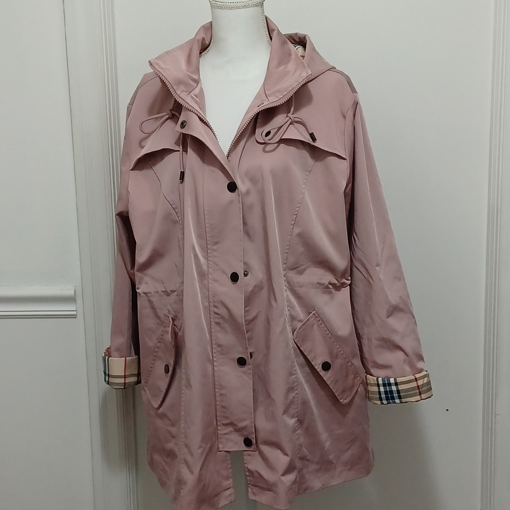 SaphiRose Womens Sz XXL Long Hooded Trench Coat Rain Jacket Pink NWOT